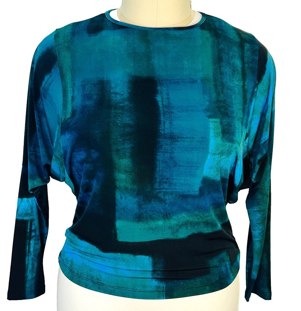NWT Clara Sun Woo Blouse Womens S fits to 2X Blue Green Watercolor Dolman Sleeve